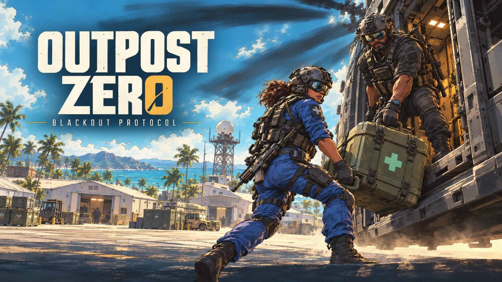 Outpost Zero key art: two crew members unload a medical crate from a medevac aircraft at a palm-lined base