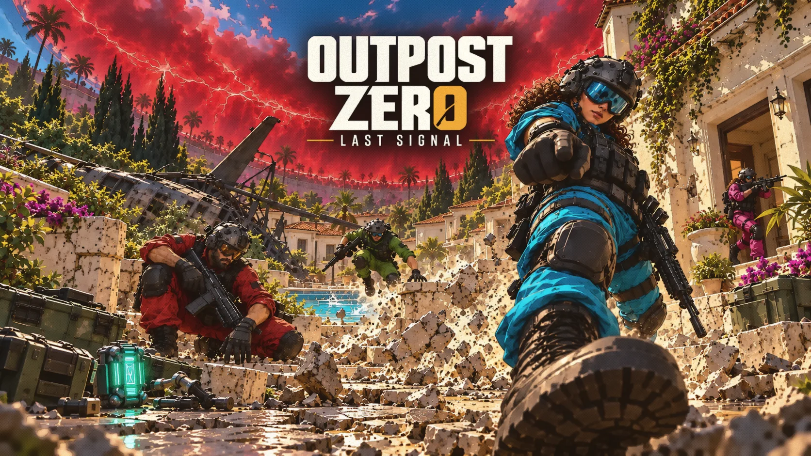 Outpost Zero key art: fighters dash through a crumbling hillside villa under a red sky