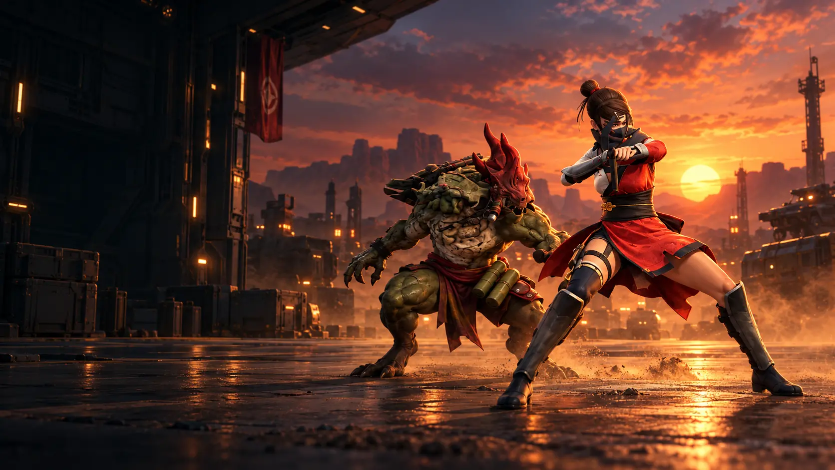 Outpost Zero key art: a masked operator faces a horned creature on the base runway at sunset
