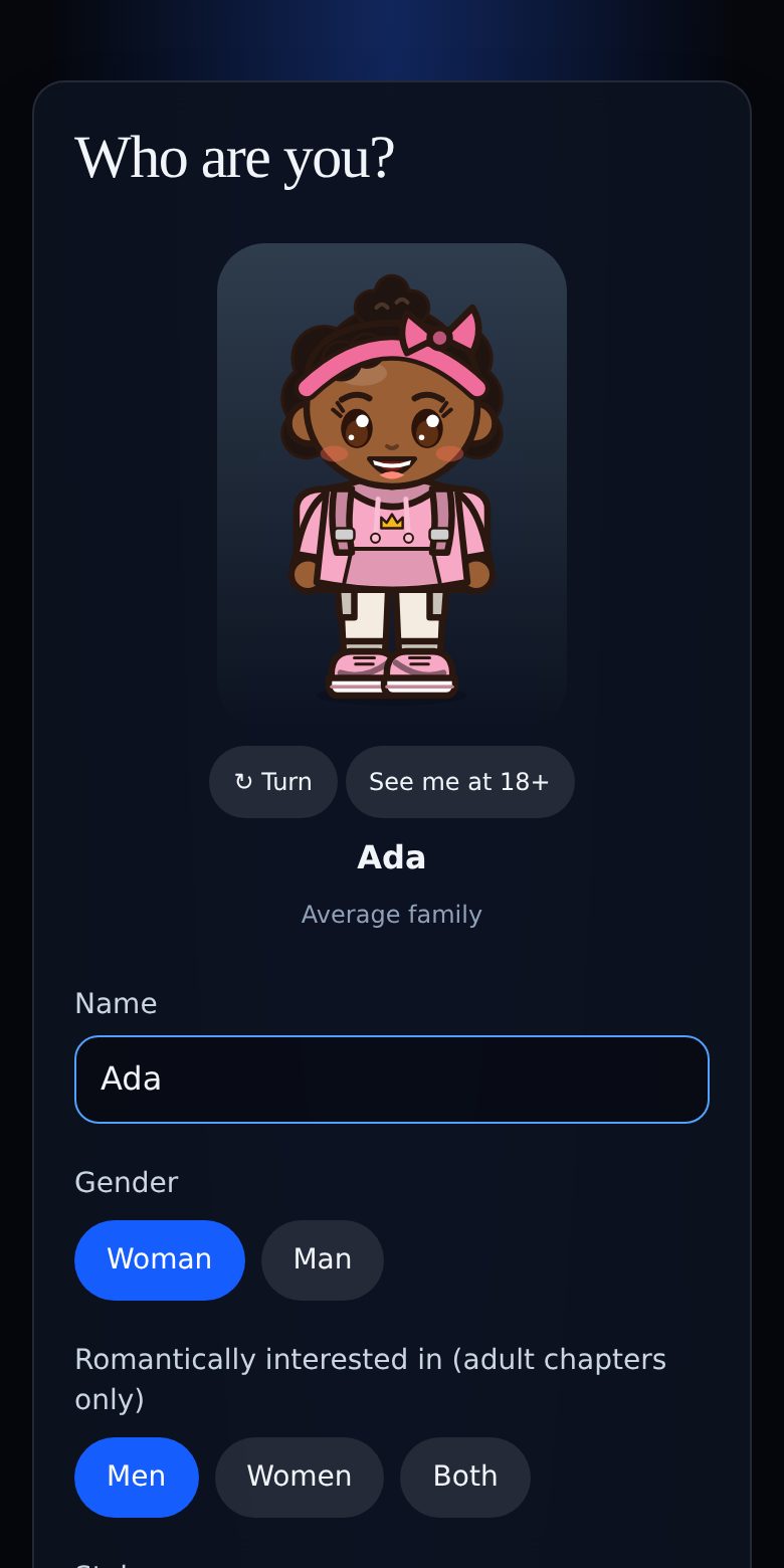 The character creator with hair and outfit choices