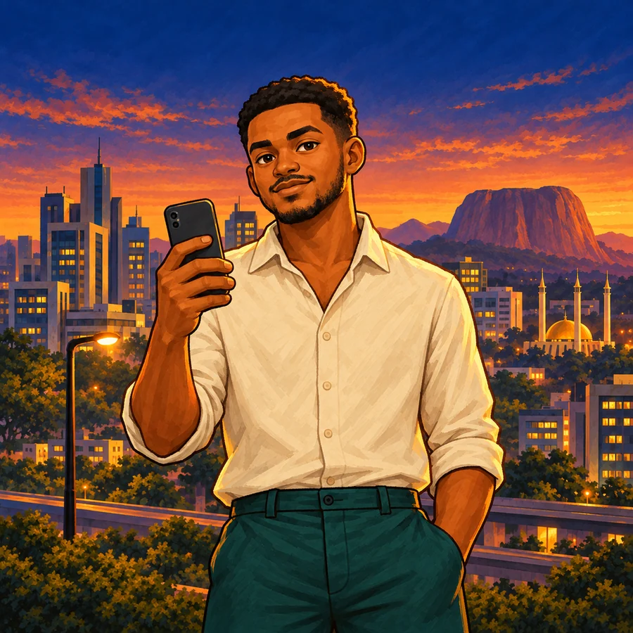 Abuja Hustle artwork: a young man with his phone at sunset, with the city's towers, Zuma Rock and the National Mosque behind him
