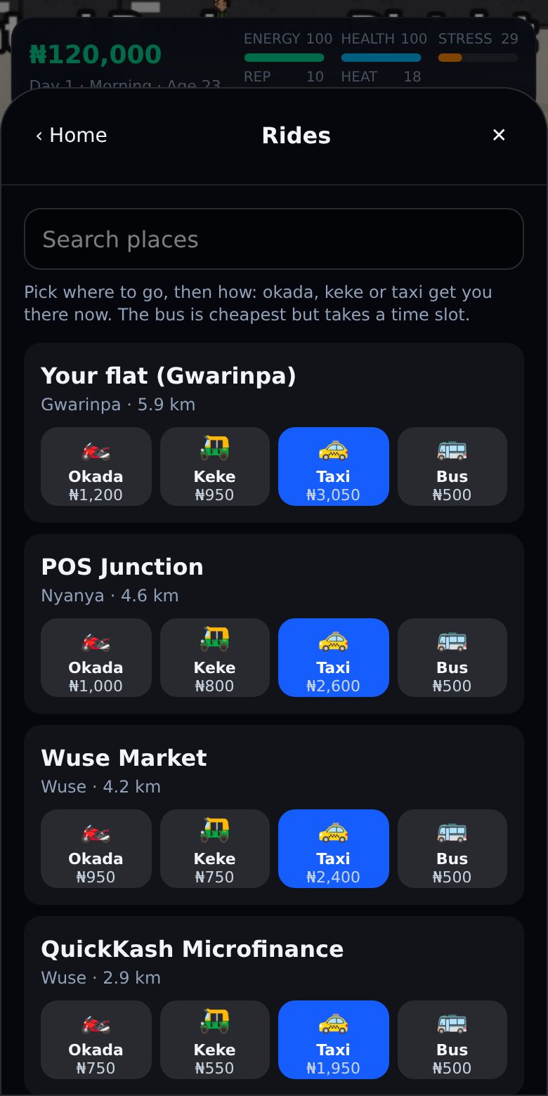 Choosing a ride and fare on the in-game phone
