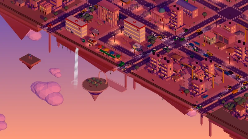 Abuja Hustle: the floating city at sunset, with a waterfall and a floating garden off its edge