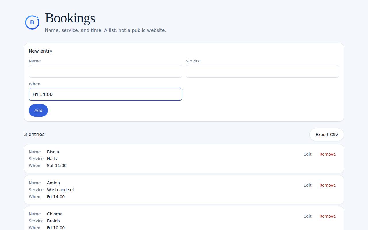 Bookings on a computer, with example data