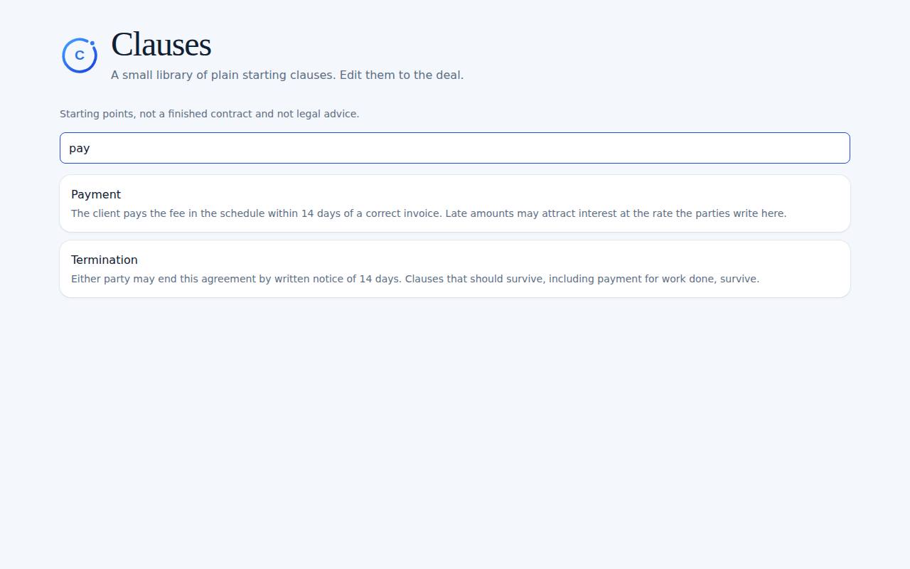 Clauses on a computer, with example data
