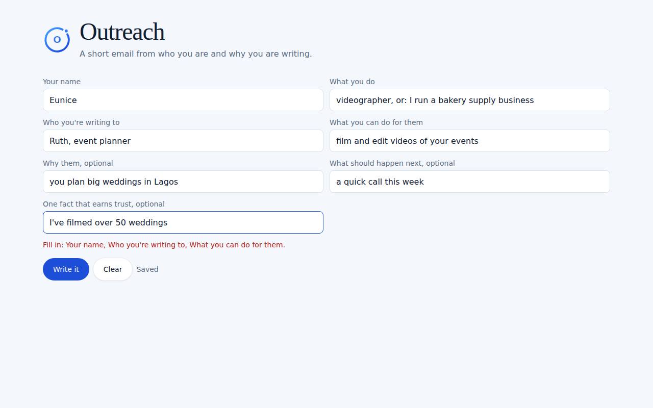 Outreach on a computer, with example data