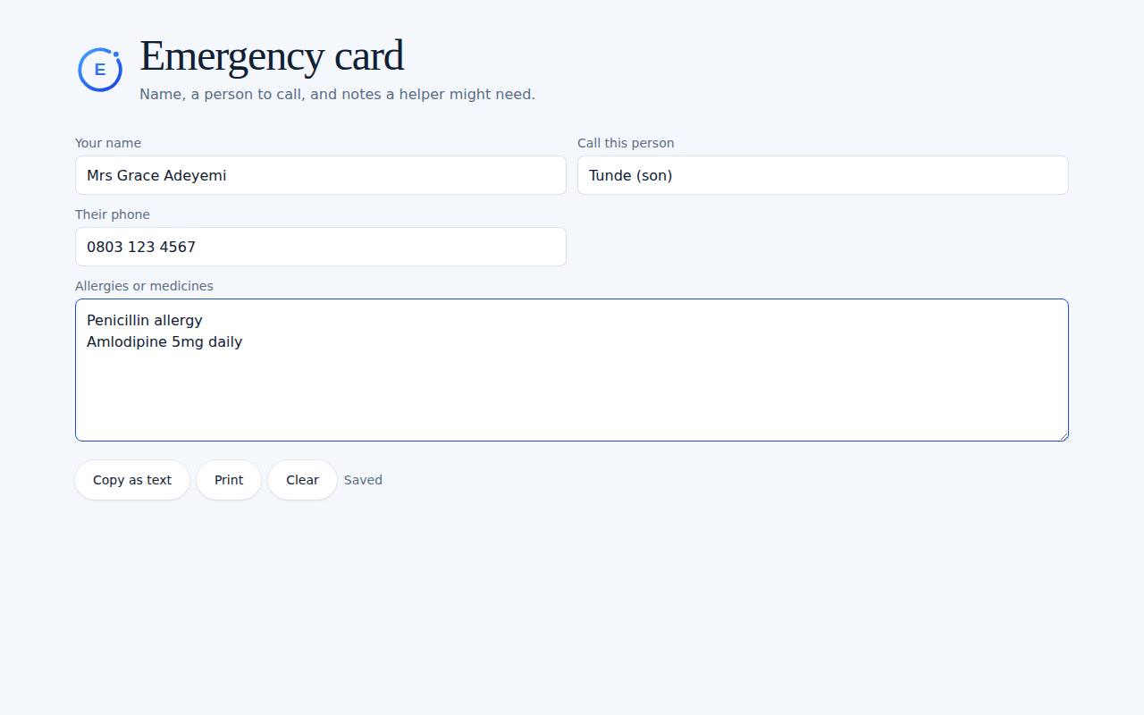 Emergency card on a computer, with example data