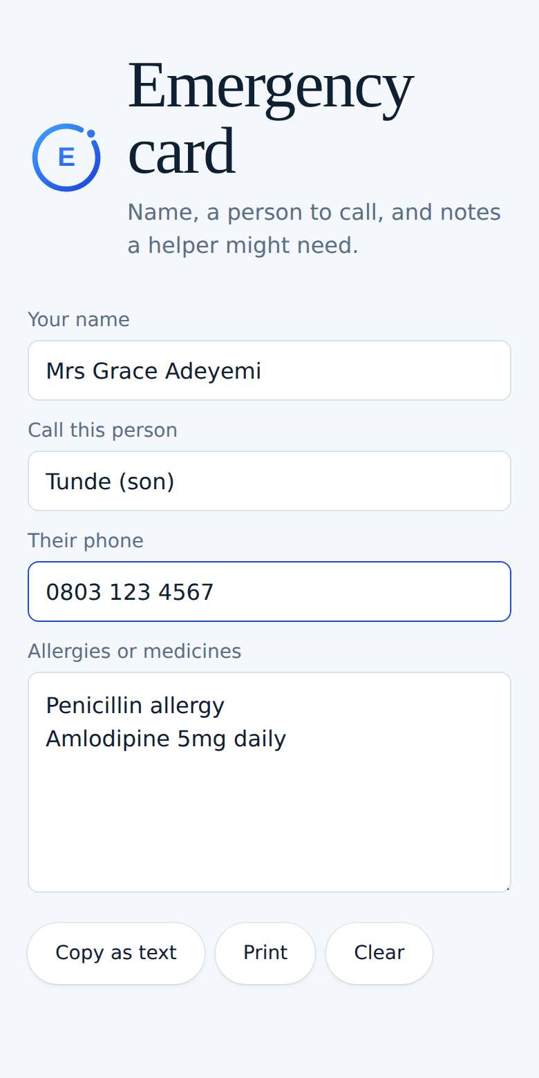 Emergency card on a phone
