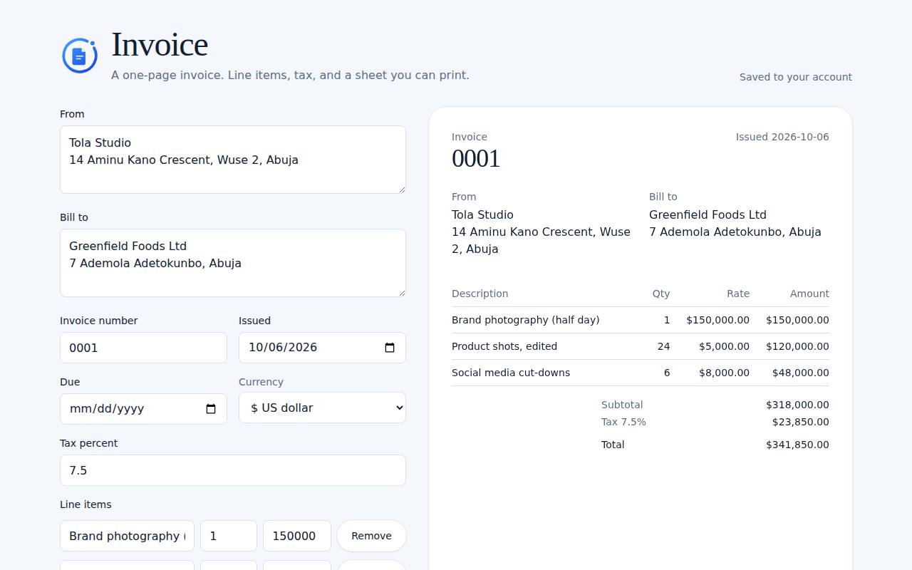 Invoice on a computer, with example data