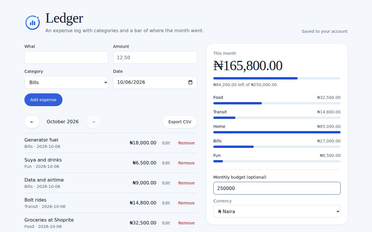 Ledger on a computer, with example data