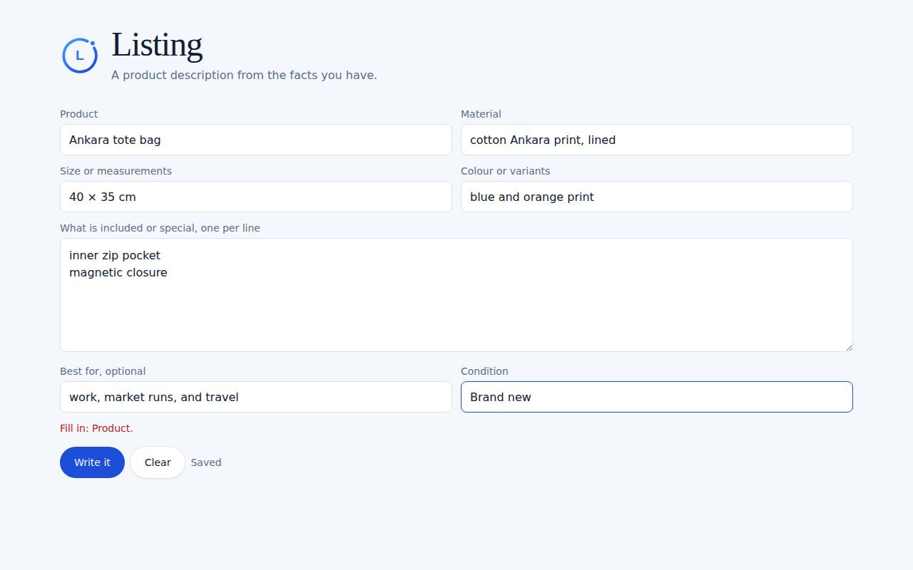 Listing on a computer, with example data