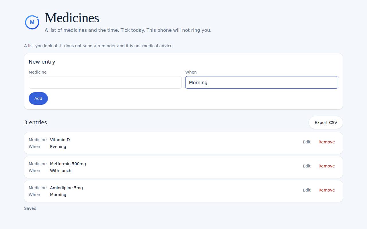 Medicines on a computer, with example data