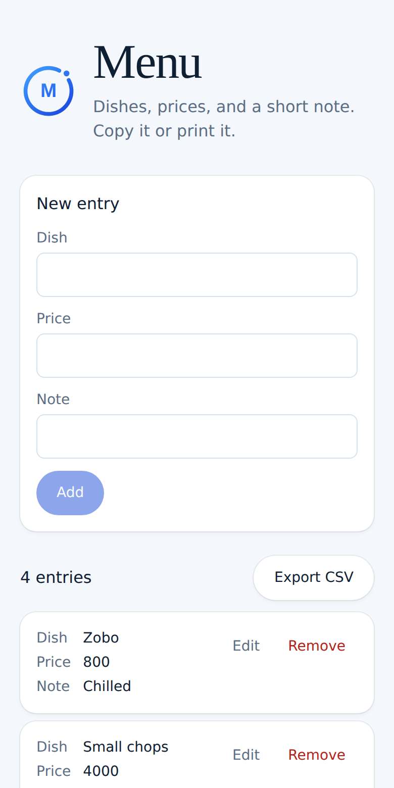 Menu on a phone