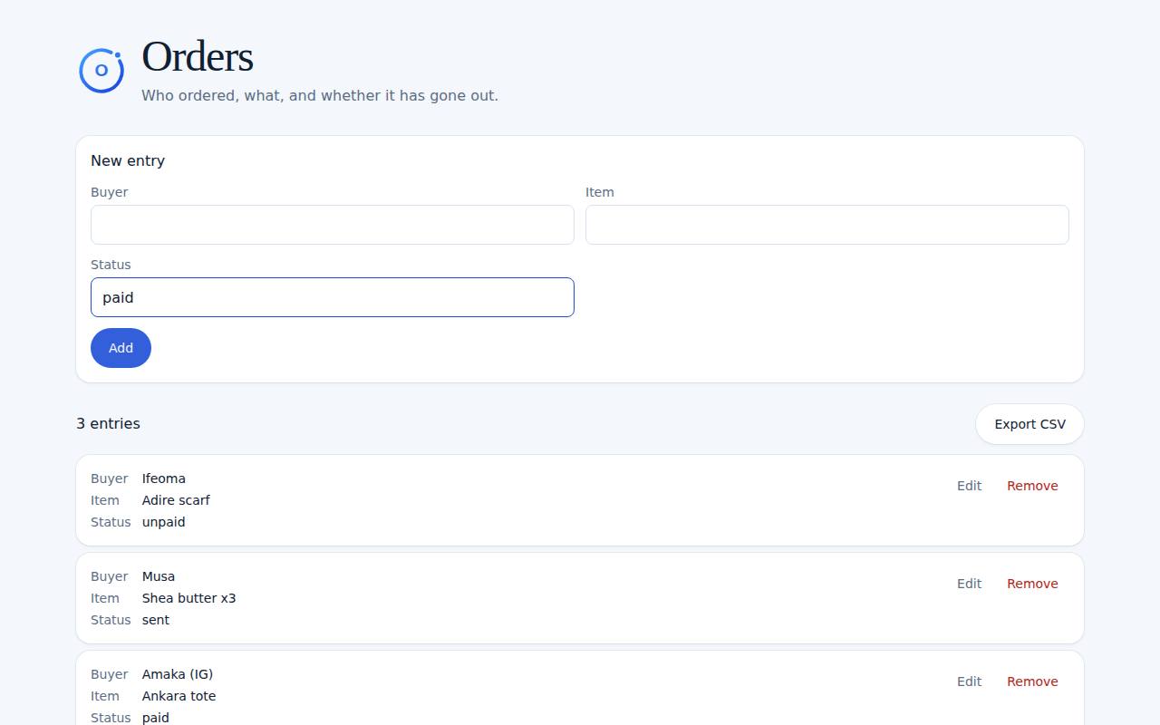 Orders on a computer, with example data