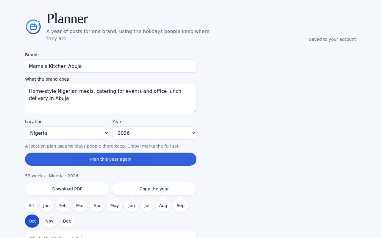 Planner on a computer, with example data