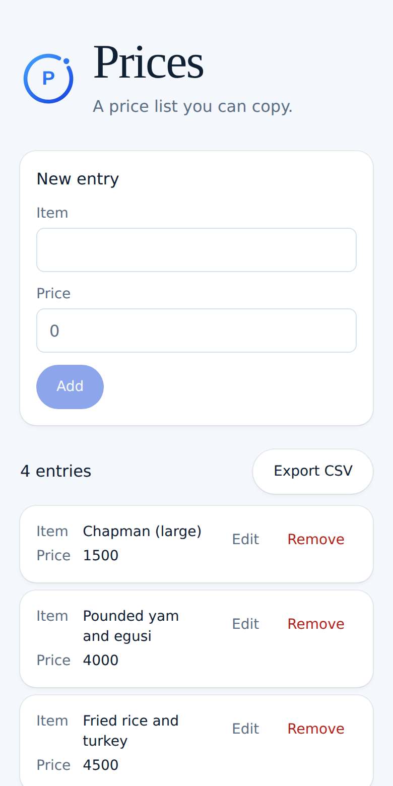 Prices on a phone