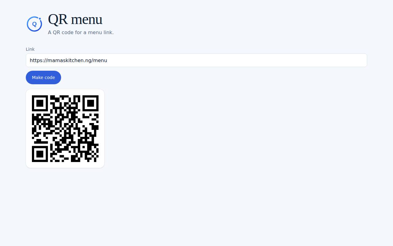 QR menu on a computer, with example data