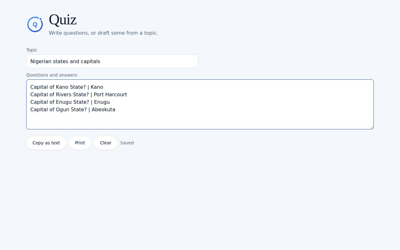 Quiz on a computer, with example data
