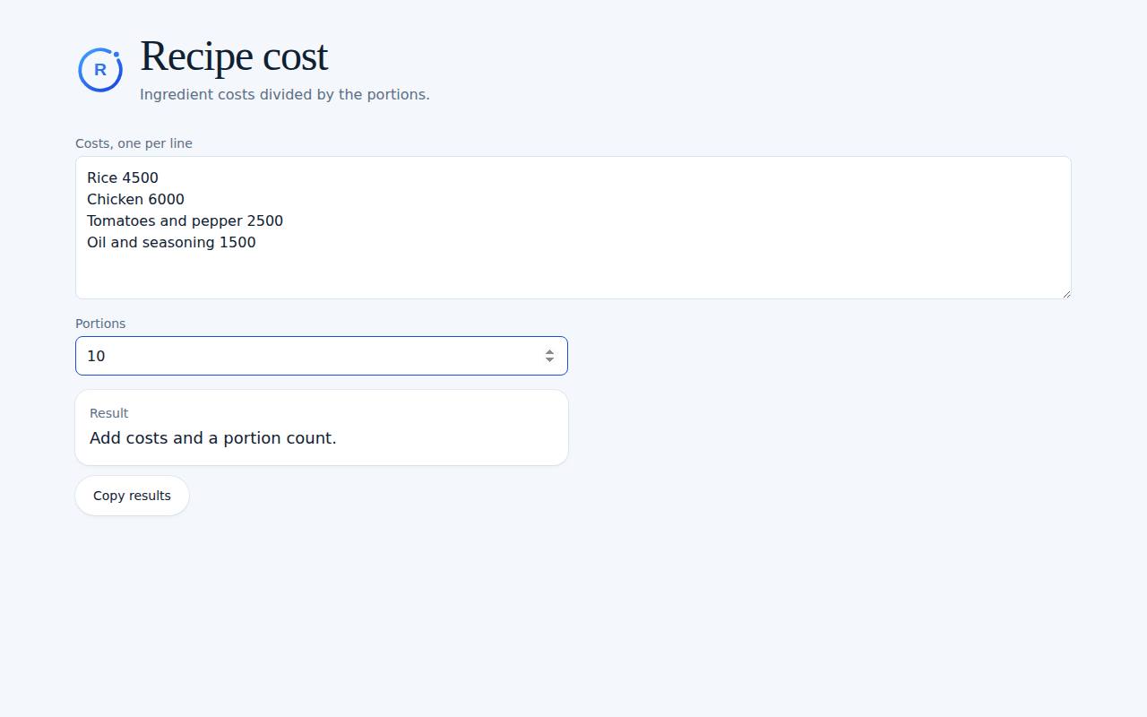 Recipe cost on a computer, with example data