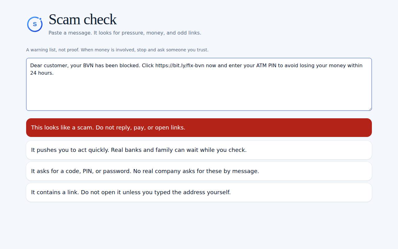 Scam check on a computer, with example data