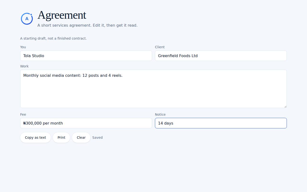Agreement on a computer, with example data
