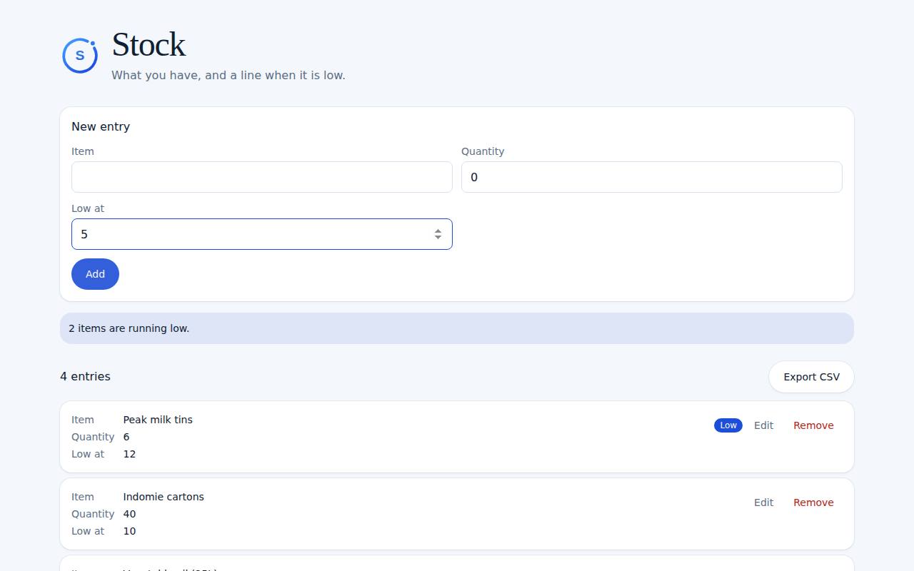 Stock on a computer, with example data