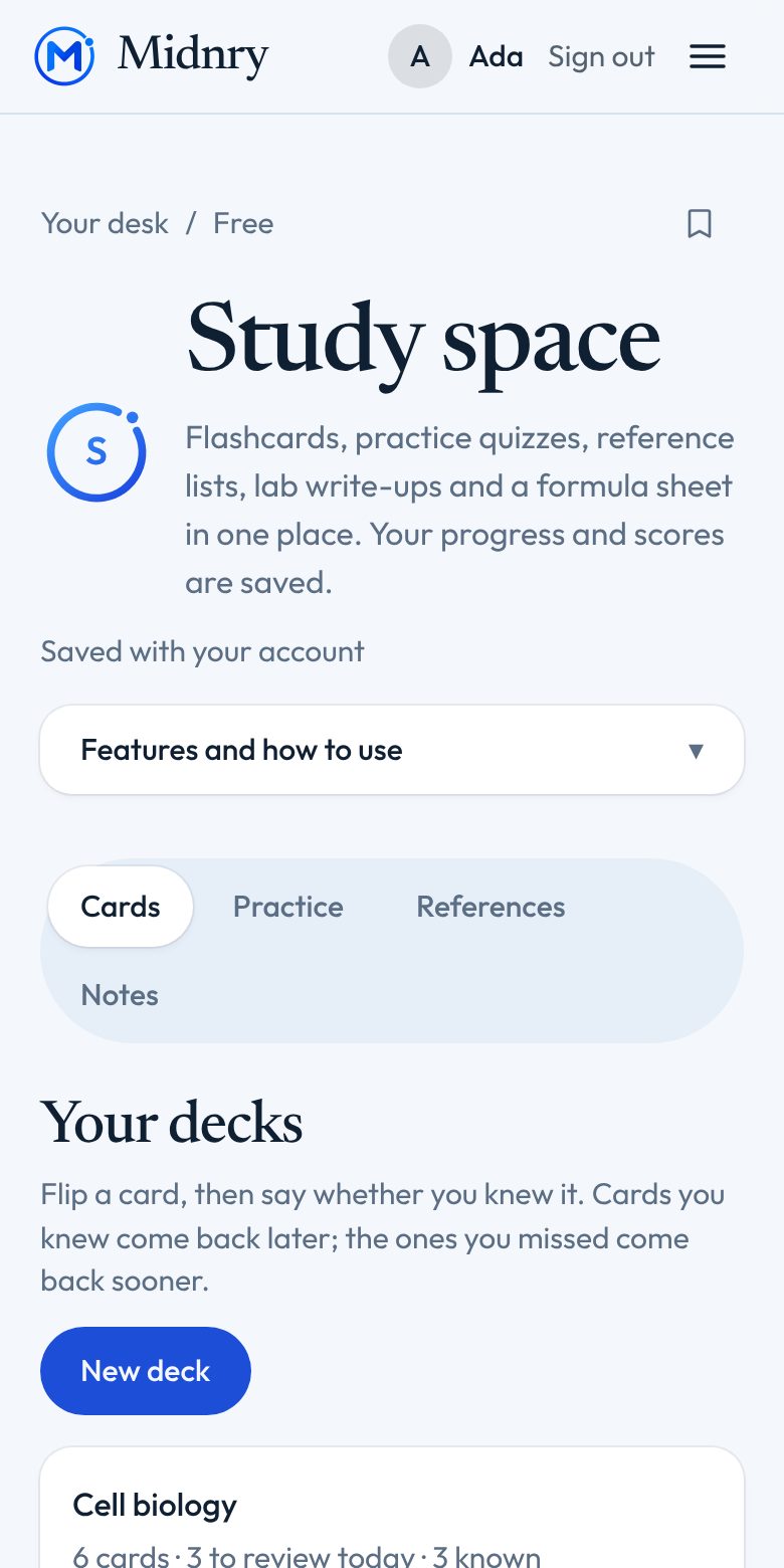 Study space on a phone, with example data