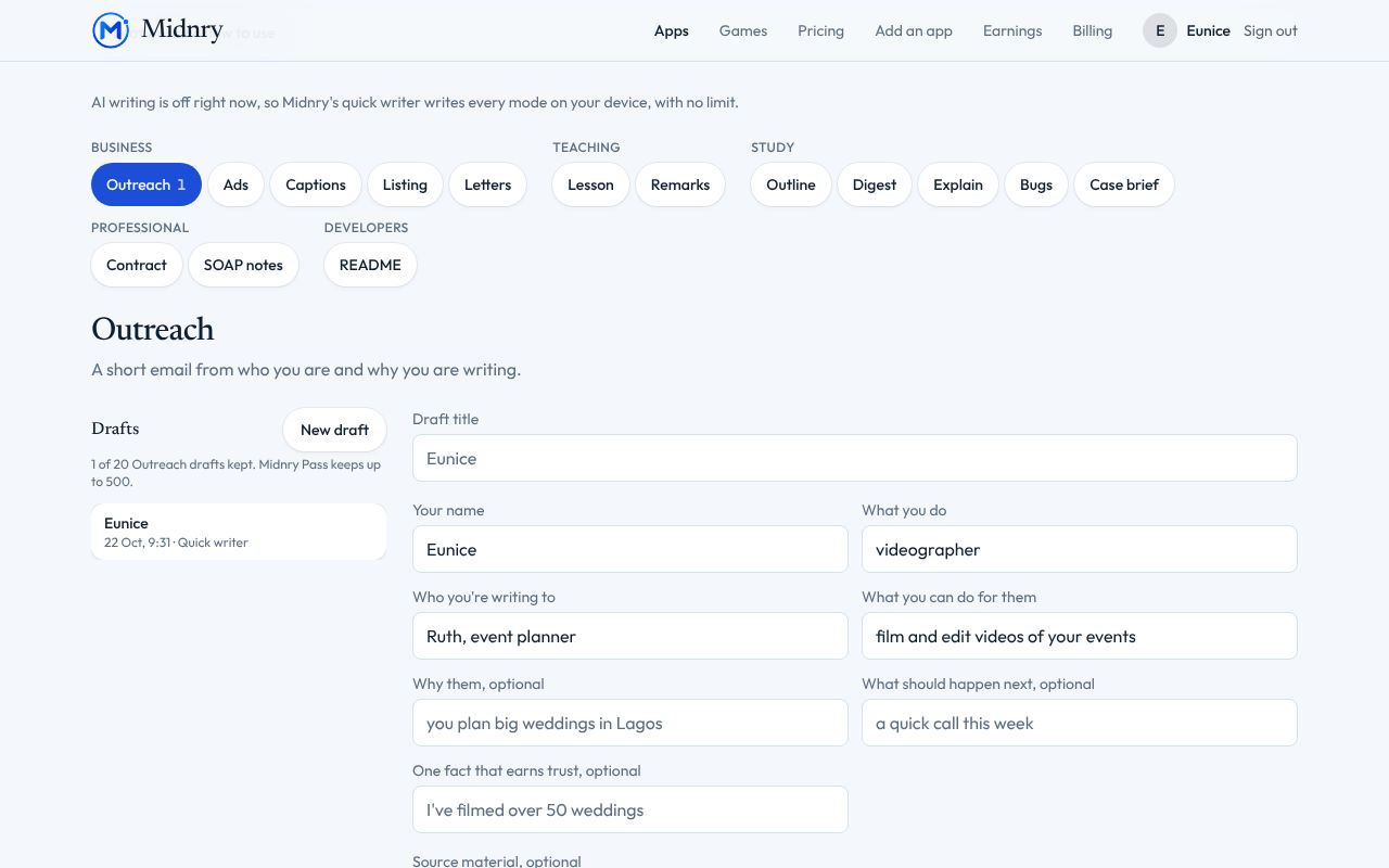A screenshot of Writing studio on a computer, with example data